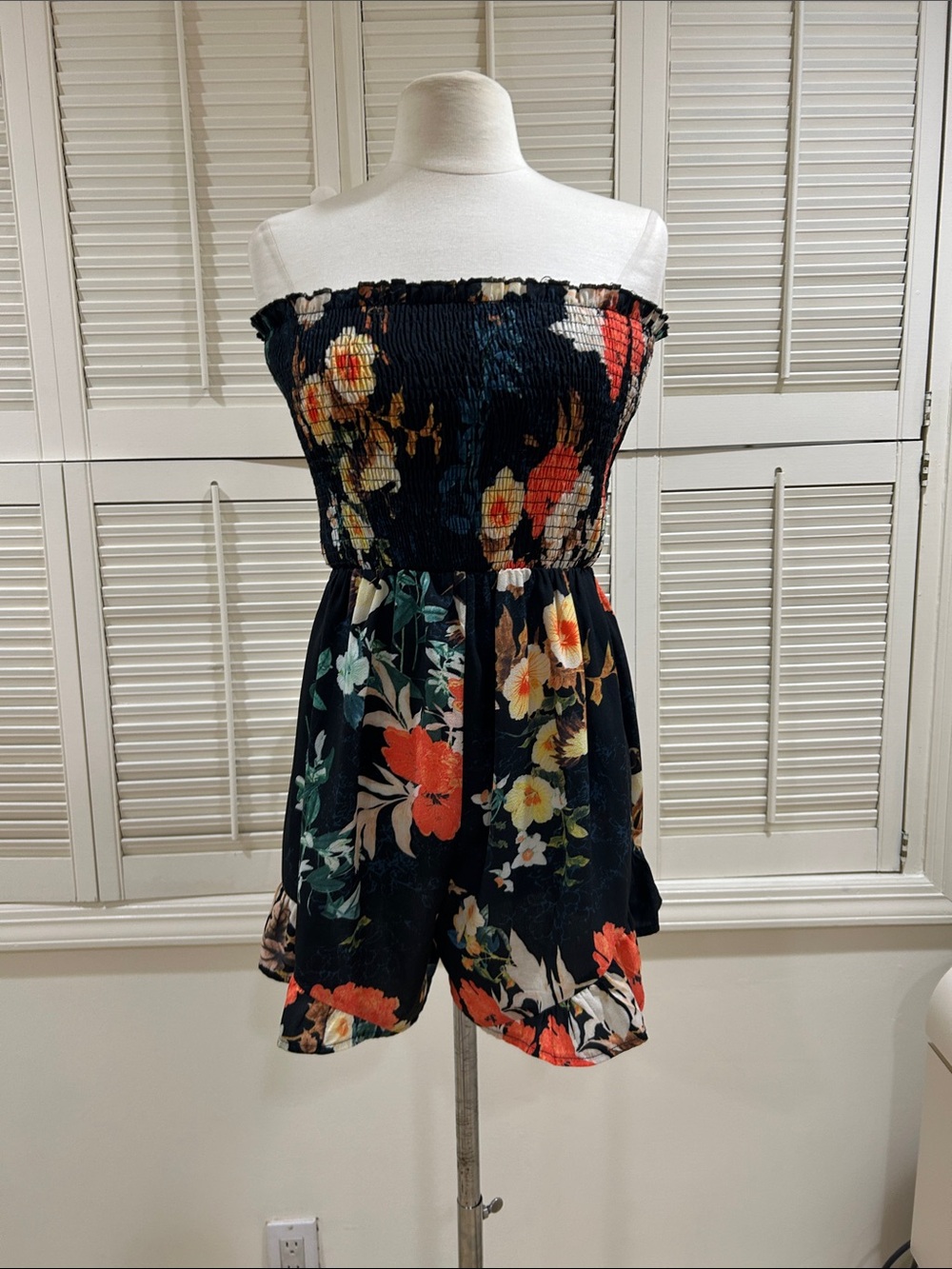 Strapless Floral Romper in Black with Multicolor Blooms in perfect condition